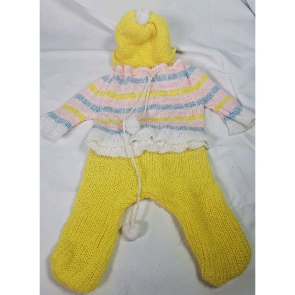 Vintage Hand Knit Doll Outfit Hat Sweater Footed Pants Baby Doll Pink Yellow Pom